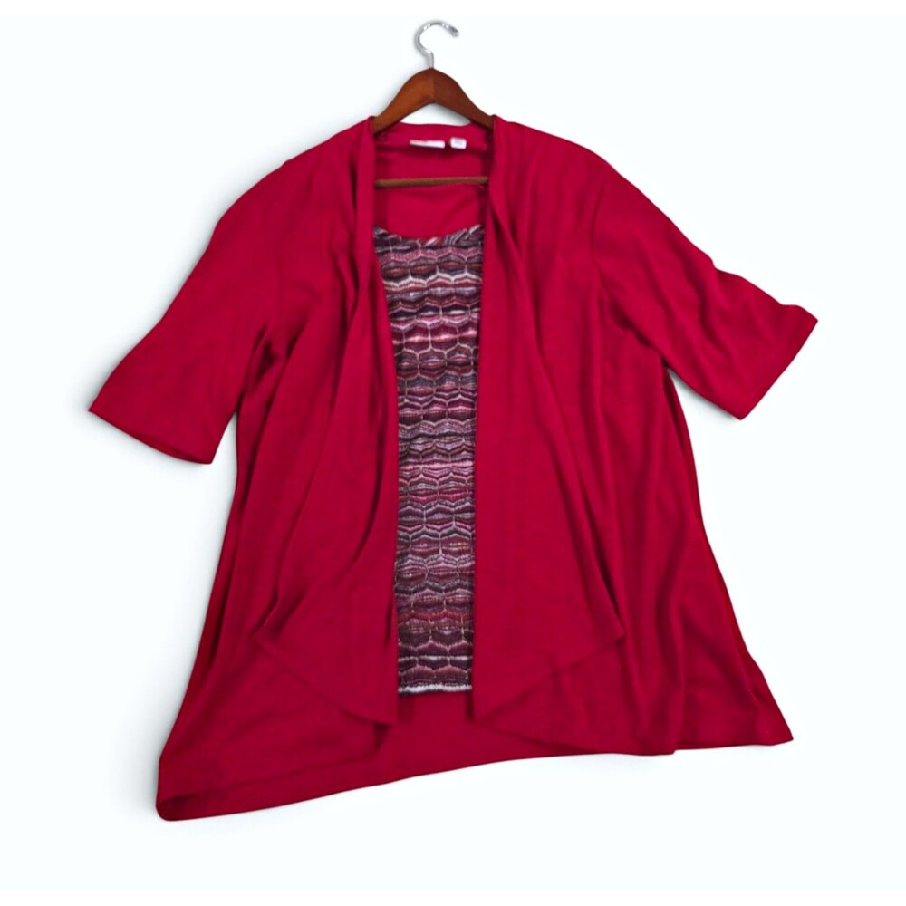 Kim Rogers Red 2-in-1 Layered Cardigan Top Geometric Shimmer Knit Tank Set L